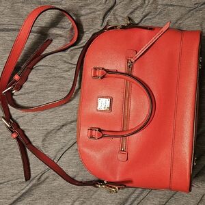 Red Satchel Bag with Structured Shape and Adjustable Strap